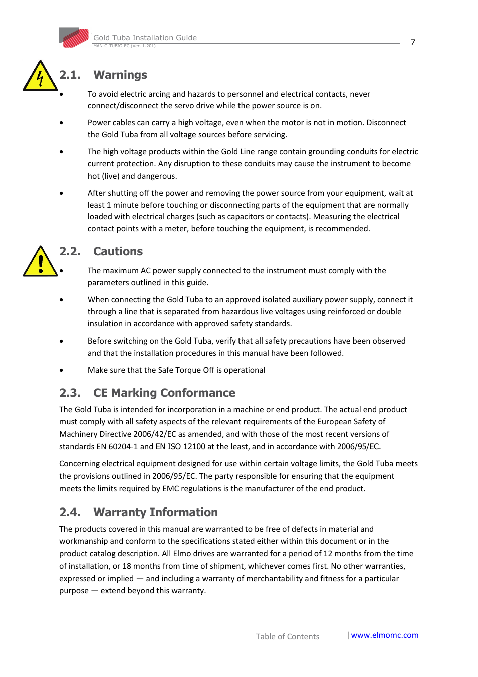 Warnings, Cautions, Ce marking conformance | Warranty information | ElmoMC Gold Line Digital Servo Drives-Gold Tuba User Manual | Page 7 / 81