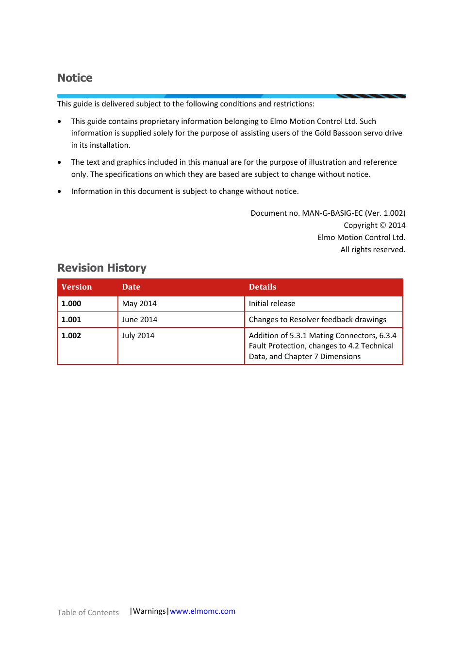 Notice, Revision history | ElmoMC Gold Line Digital Servo Drives-Gold Bassoon User Manual | Page 2 / 66