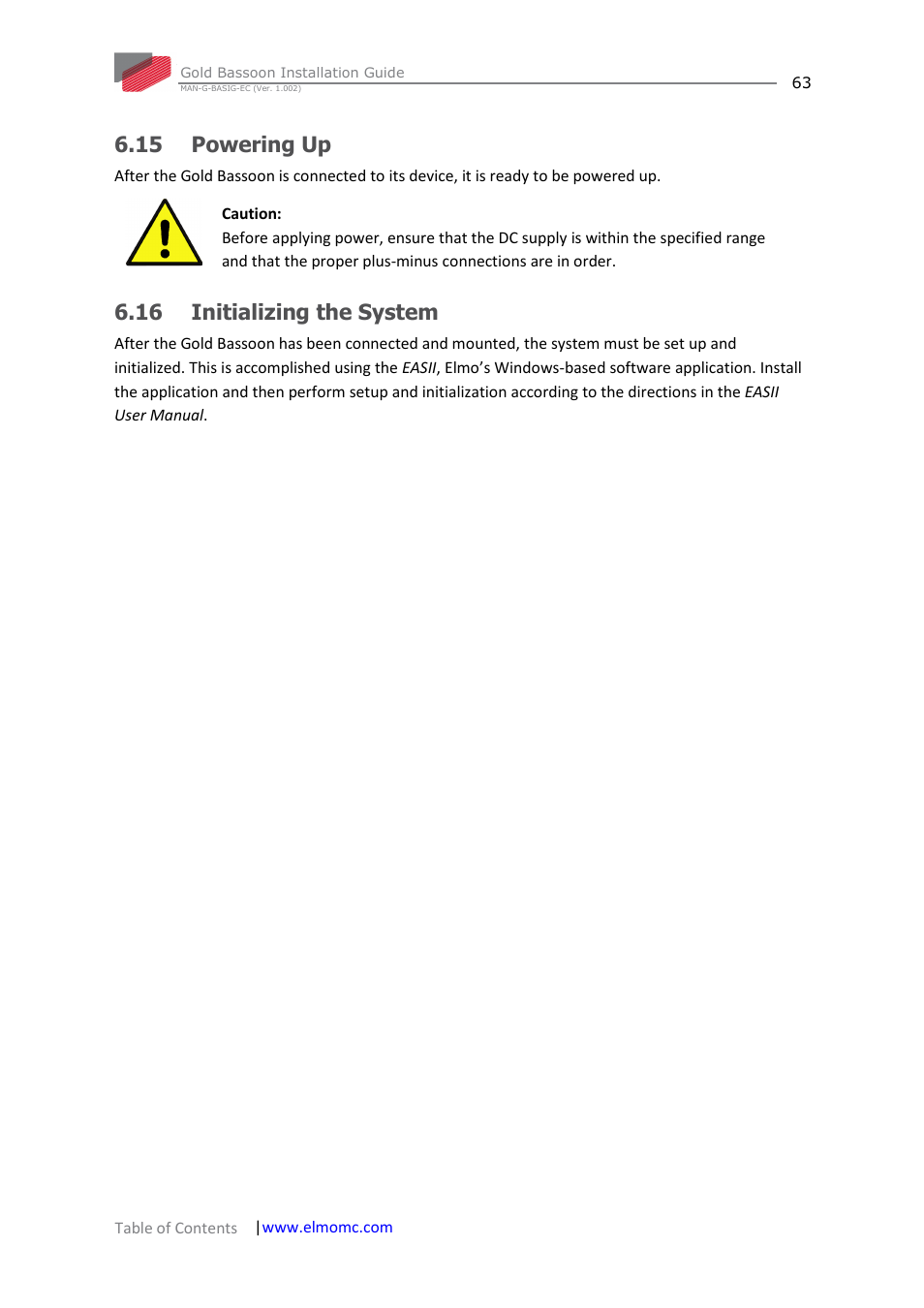 15 powering up, 16 initializing the system, 15 powering up 6.16 initializing the system | ElmoMC Gold Line Digital Servo Drives-Gold Bassoon User Manual | Page 63 / 66