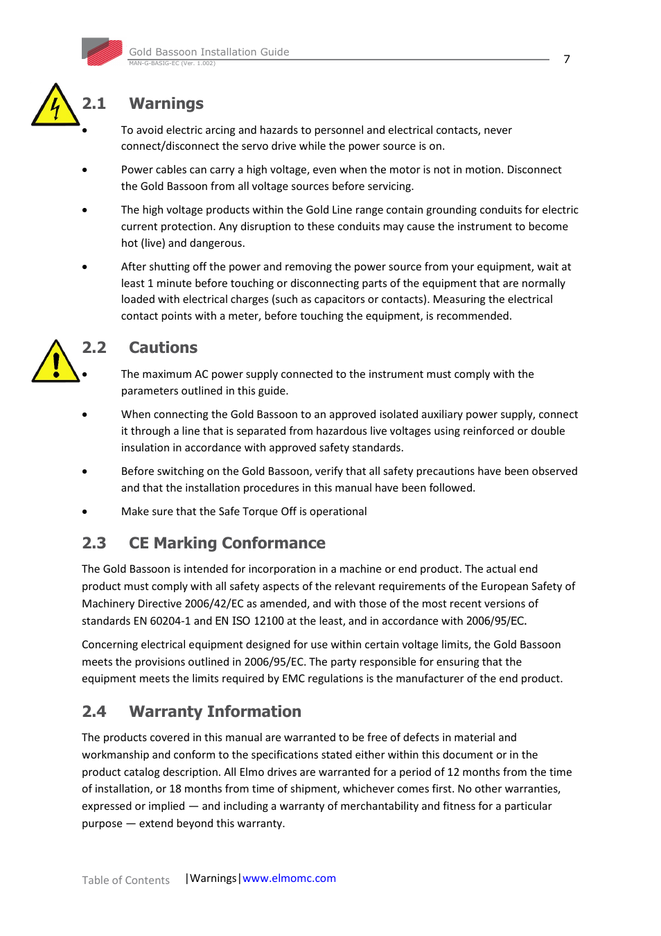 1 warnings, 2 cautions, 3 ce marking conformance | 4 warranty information, Warnings, Cautions, Ce marking conformance, Warranty information | ElmoMC Gold Line Digital Servo Drives-Gold Bassoon User Manual | Page 7 / 66