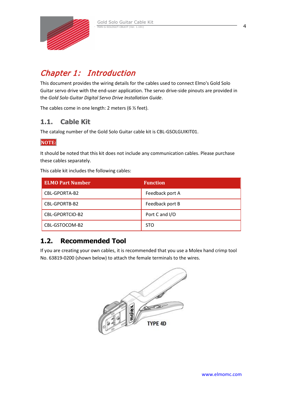 Chapter 1: introduction, Cable kit, Recommended tool | Chapter 1, Introduction, Cable kit 1.2. recommended tool | ElmoMC Gold Line Digital Servo Drives-Gold Solo Guitar Cable Kit User Manual | Page 4 / 12
