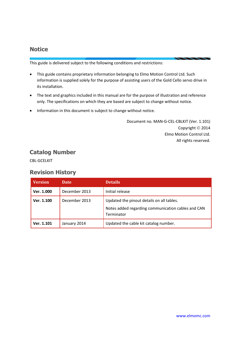 Notice, Catalog number, Revision history | ElmoMC Gold Line Digital Servo Drives-Gold Cello Cable Kit User Manual | Page 2 / 15