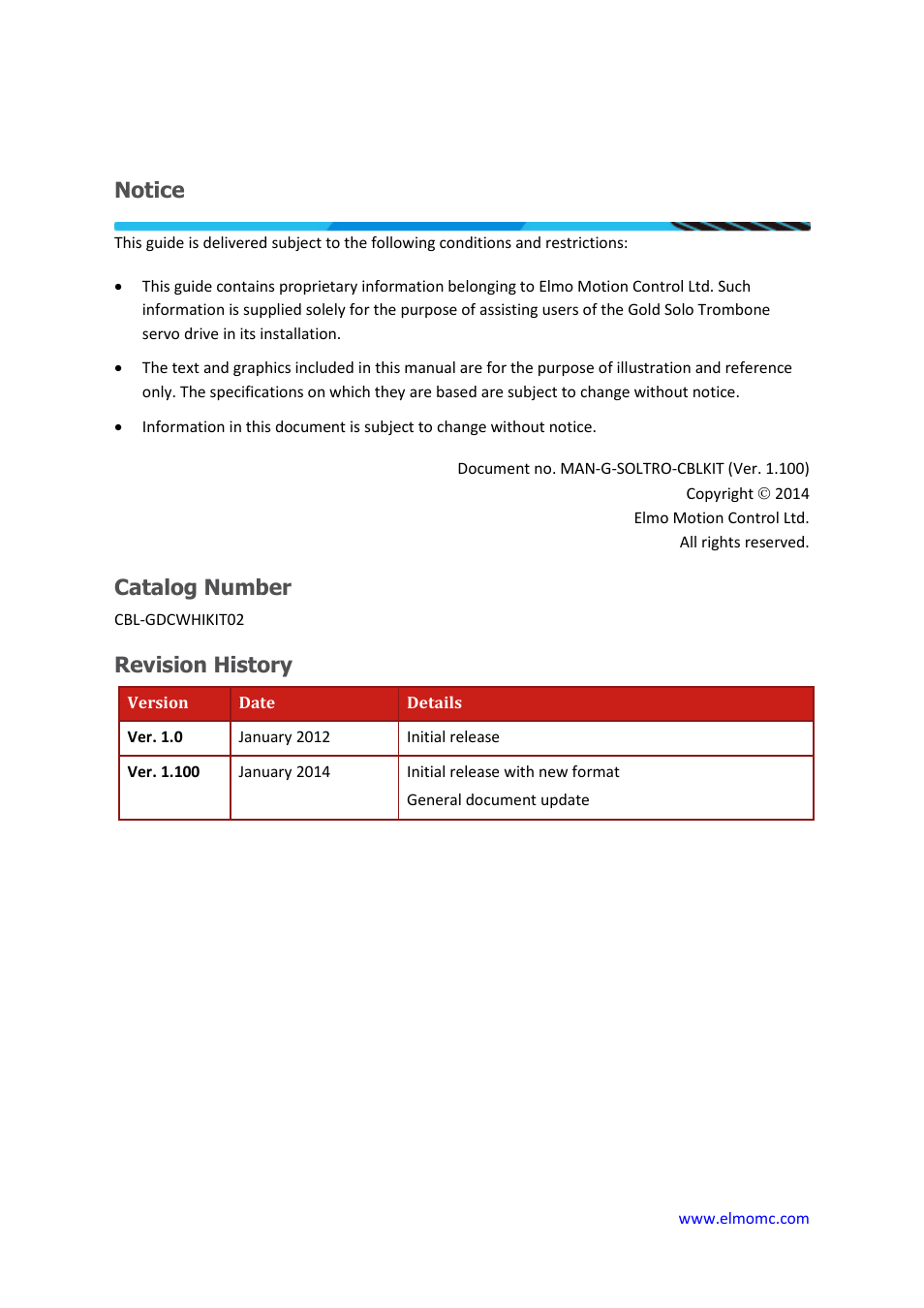 Notice, Catalog number, Revision history | ElmoMC Gold Line Digital Servo Drives-Gold Solo Trombone Cable Kit User Manual | Page 2 / 16