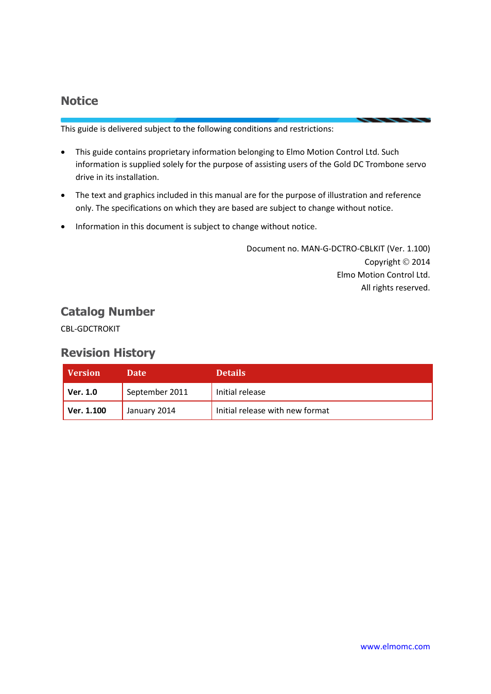 Notice, Catalog number, Revision history | ElmoMC Gold Line Digital Servo Drives-Gold DC Trombone Cable Kit User Manual | Page 2 / 15