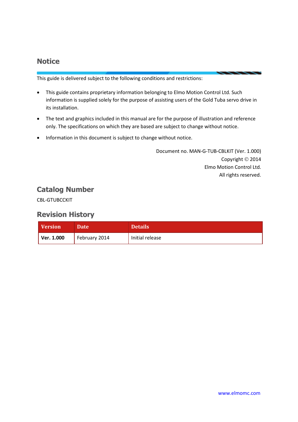 Notice, Catalog number, Revision history | ElmoMC Gold Line Digital Servo Drives-Gold Tuba Cable Kit User Manual | Page 2 / 20
