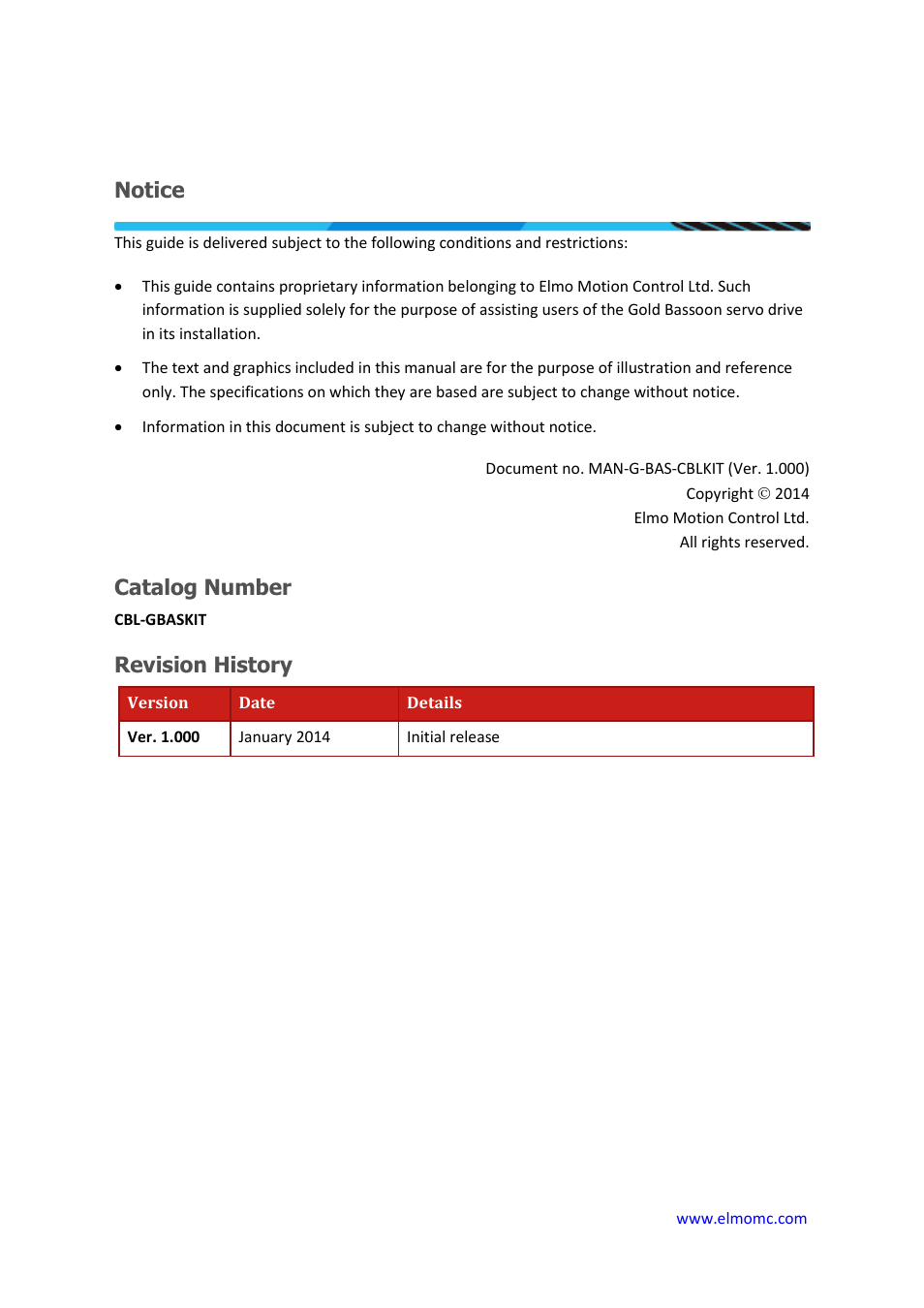 Notice, Catalog number, Revision history | ElmoMC Gold Line Digital Servo Drives-Gold Bassoon Cable Kit User Manual | Page 2 / 16
