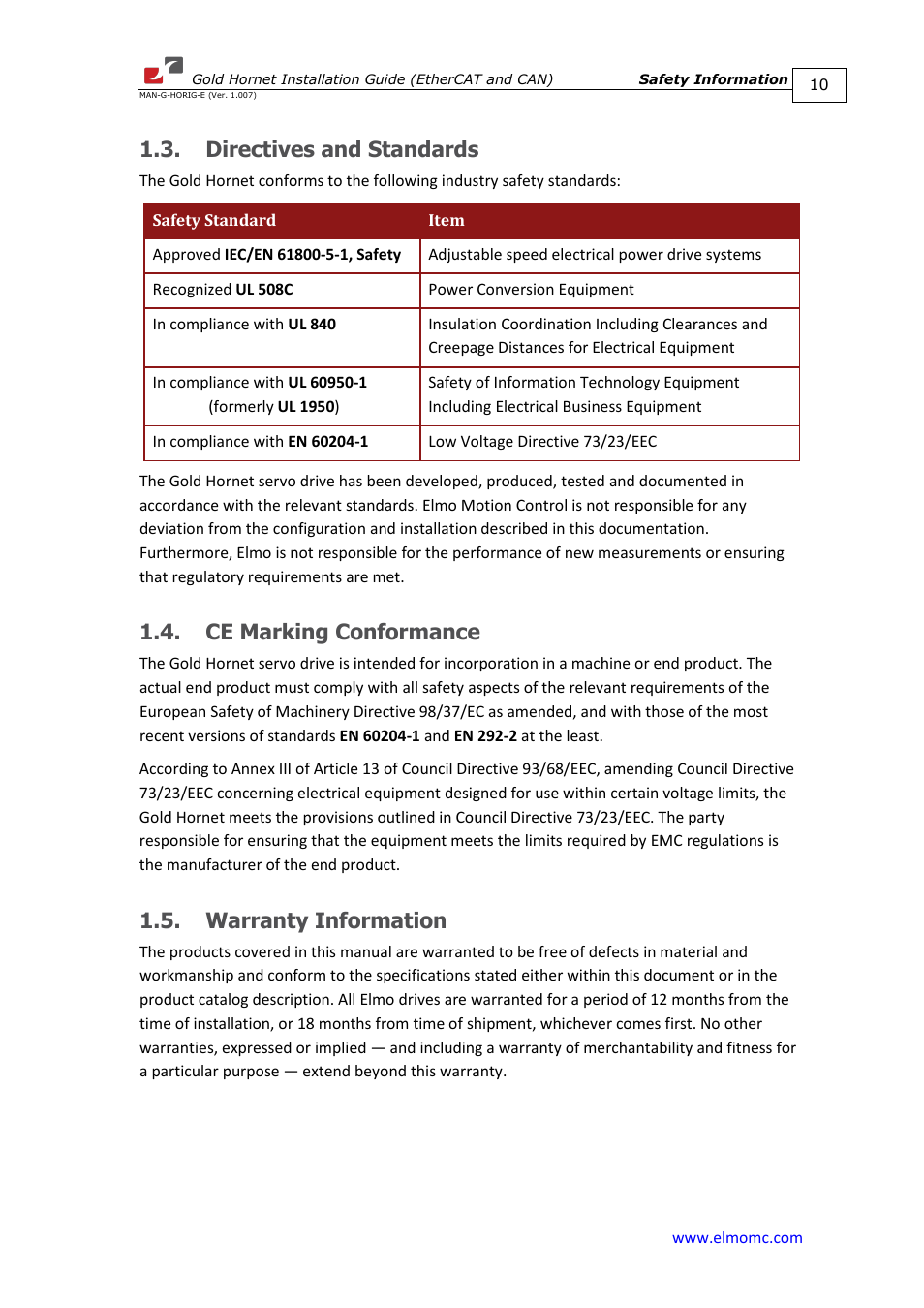 Directives and standards, Ce marking conformance, Warranty information | ElmoMC ExtrIQ Gold Line Servo Drives-Gold Hornet User Manual | Page 10 / 88