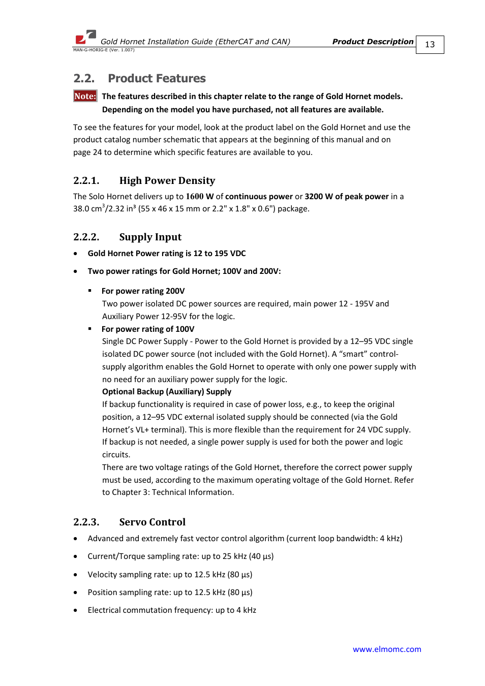 Product features, High power density, Supply input | Servo control | ElmoMC ExtrIQ Gold Line Servo Drives-Gold Hornet User Manual | Page 13 / 88