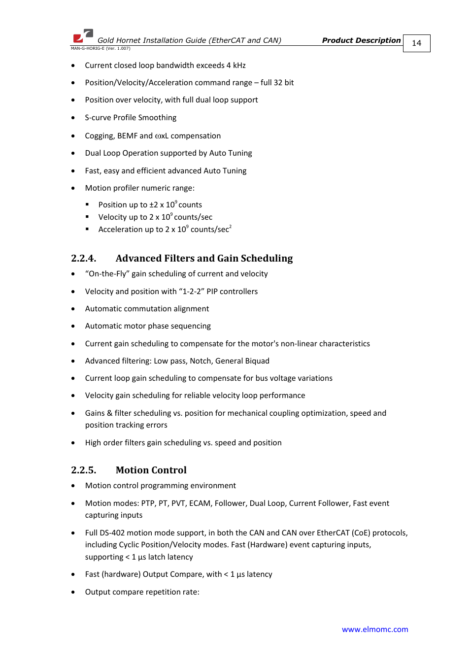 Advanced filters and gain scheduling, Motion control | ElmoMC ExtrIQ Gold Line Servo Drives-Gold Hornet User Manual | Page 14 / 88