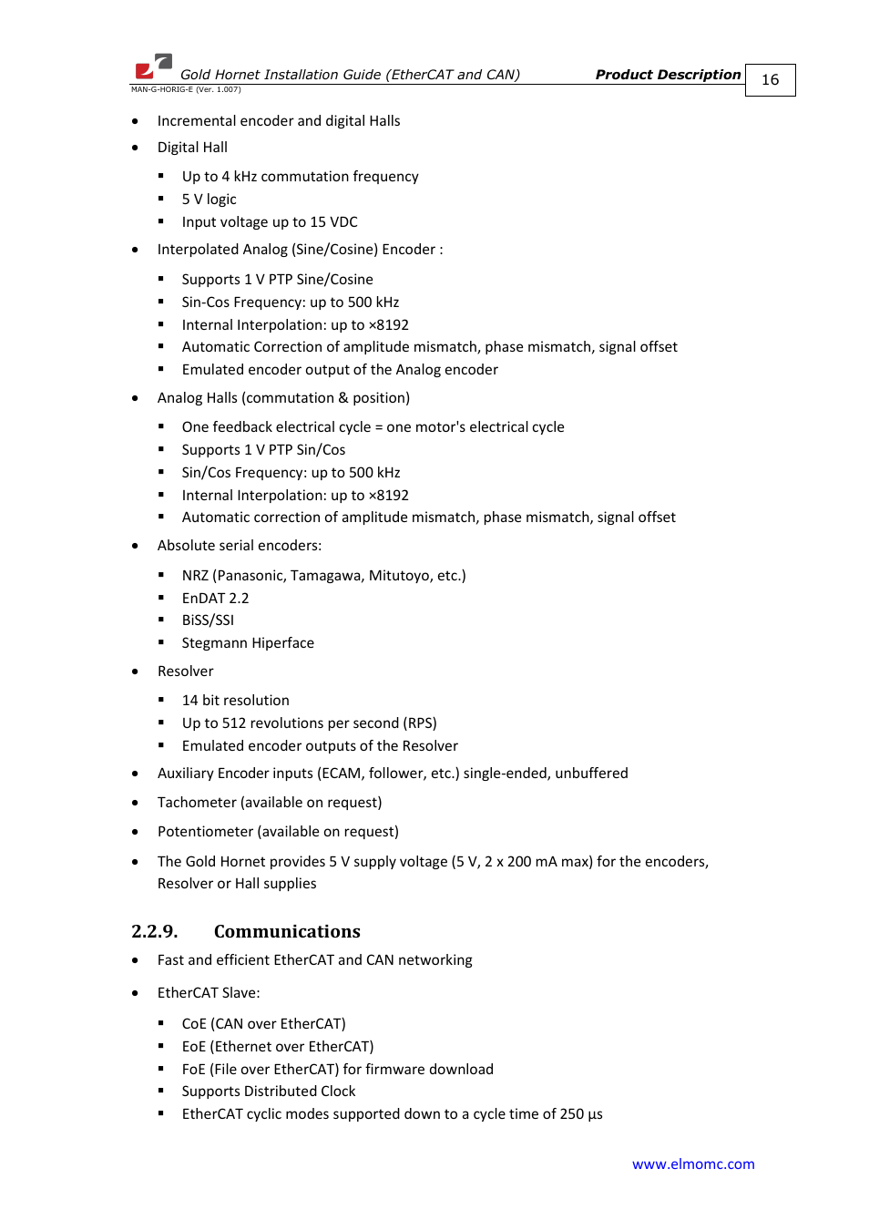 Communications | ElmoMC ExtrIQ Gold Line Servo Drives-Gold Hornet User Manual | Page 16 / 88