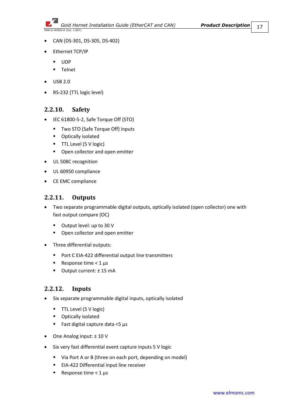 Safety, Outputs, Inputs | Safety 2.2.11. outputs 2.2.12. inputs | ElmoMC ExtrIQ Gold Line Servo Drives-Gold Hornet User Manual | Page 17 / 88