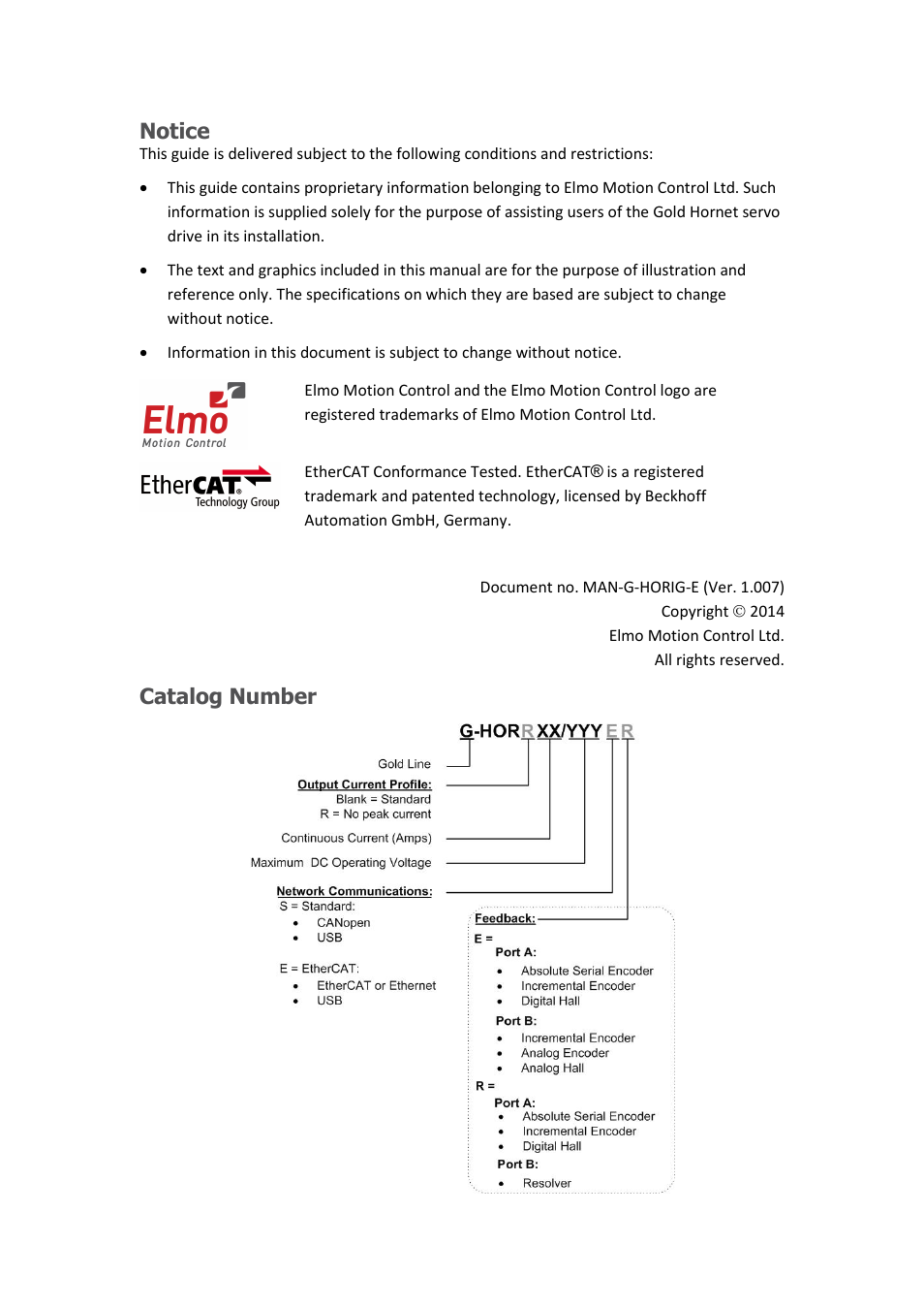 Notice, Catalog number | ElmoMC ExtrIQ Gold Line Servo Drives-Gold Hornet User Manual | Page 2 / 88