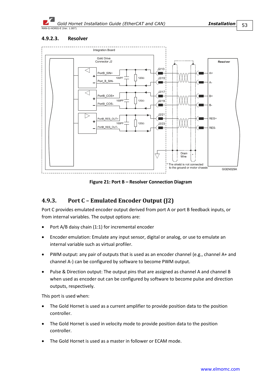 Resolver, Port c – emulated encoder output (j2) | ElmoMC ExtrIQ Gold Line Servo Drives-Gold Hornet User Manual | Page 53 / 88