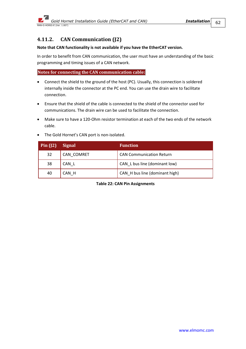 Can communication (j2) | ElmoMC ExtrIQ Gold Line Servo Drives-Gold Hornet User Manual | Page 62 / 88