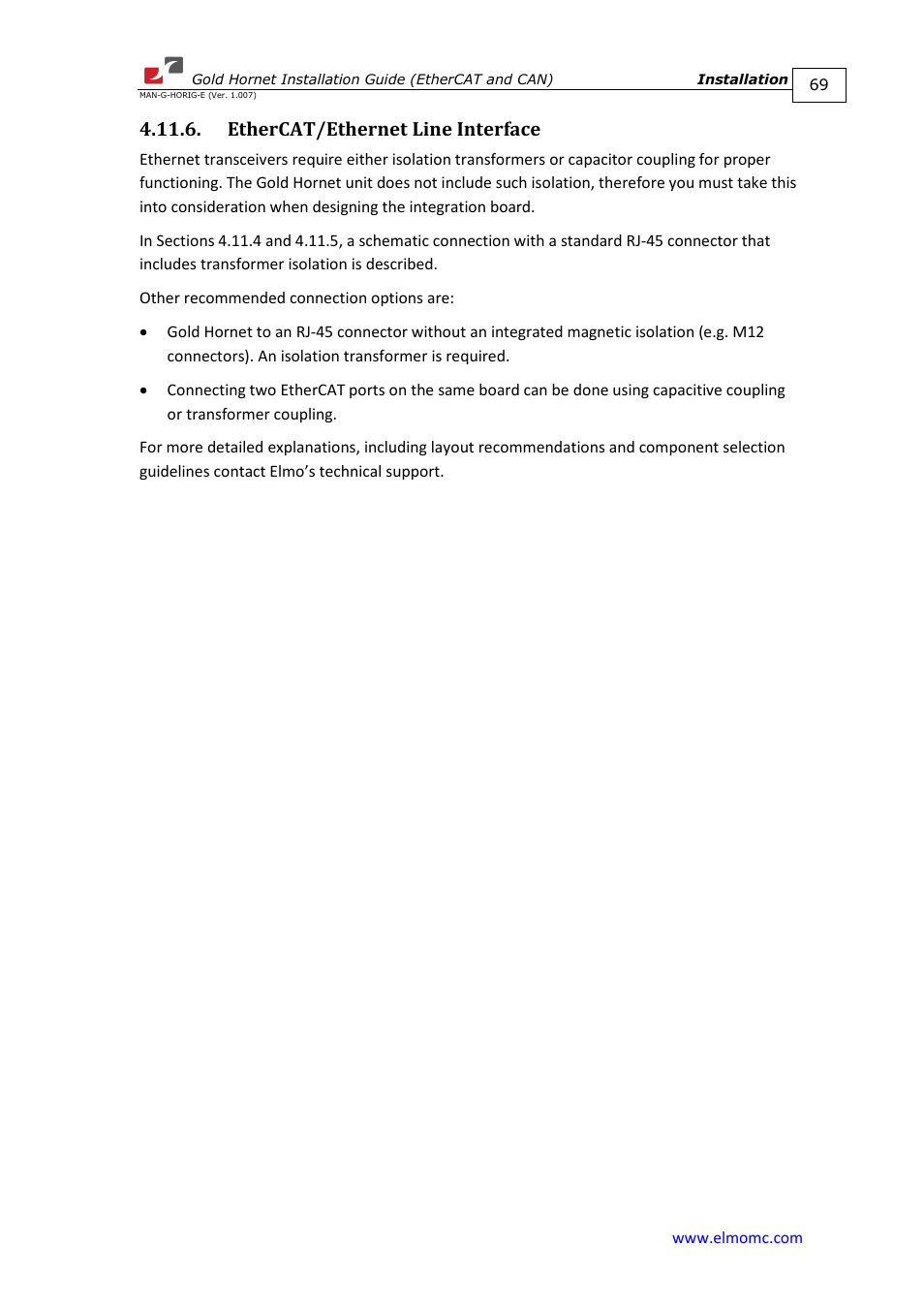 Ethercat/ethernet line interface | ElmoMC ExtrIQ Gold Line Servo Drives-Gold Hornet User Manual | Page 69 / 88