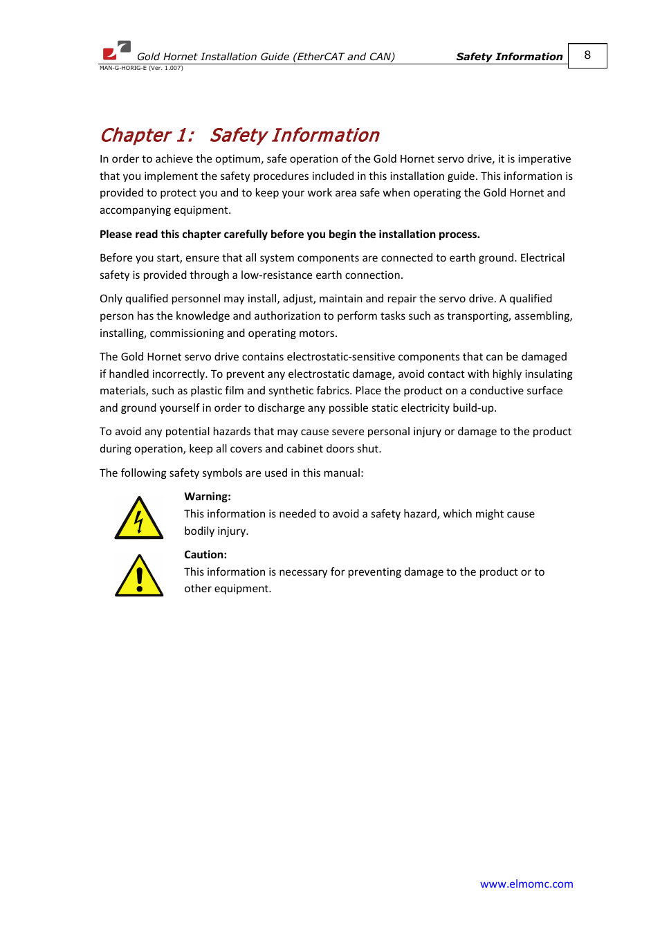 Chapter 1: safety information, Chapter 1, Safety information | ElmoMC ExtrIQ Gold Line Servo Drives-Gold Hornet User Manual | Page 8 / 88
