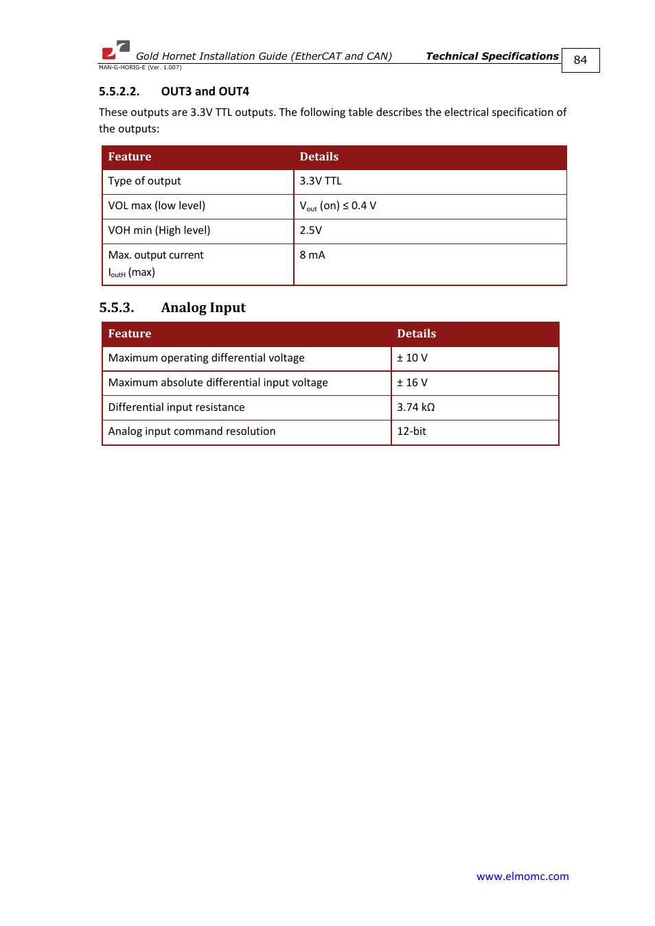 Out3 and out4, Analog input | ElmoMC ExtrIQ Gold Line Servo Drives-Gold Hornet User Manual | Page 84 / 88