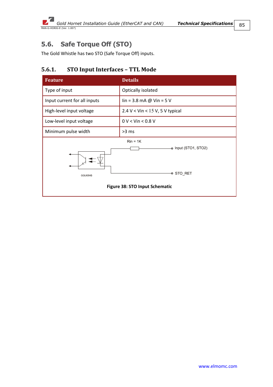 Safe torque off (sto), Sto input interfaces – ttl mode | ElmoMC ExtrIQ Gold Line Servo Drives-Gold Hornet User Manual | Page 85 / 88