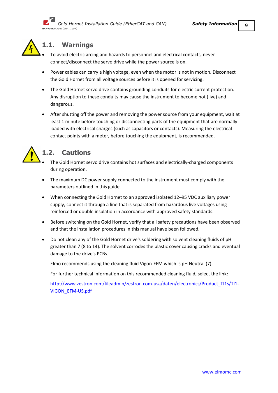 Warnings, Cautions, Warnings 1.2. cautions | ElmoMC ExtrIQ Gold Line Servo Drives-Gold Hornet User Manual | Page 9 / 88