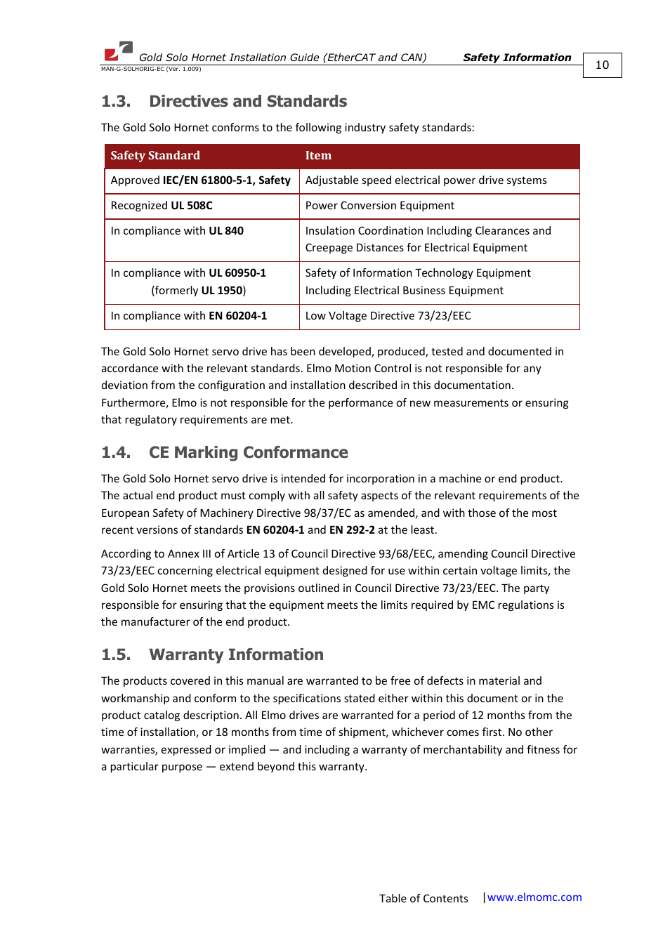 Directives and standards, Ce marking conformance, Warranty information | ElmoMC ExtrIQ Gold Line Servo Drives-Gold Solo Hornet User Manual | Page 10 / 90