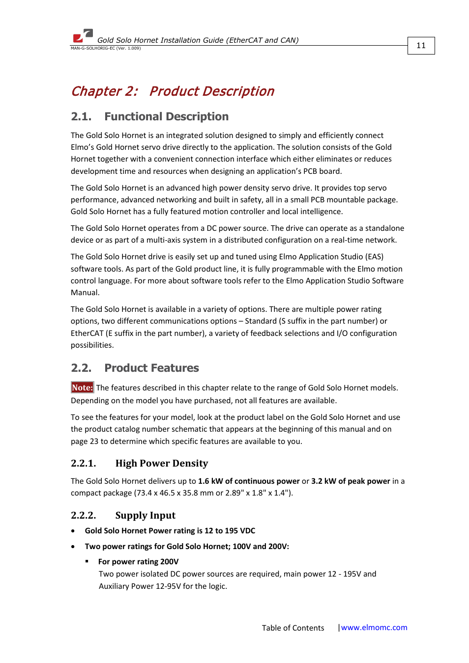 Chapter 2: product description, Functional description, Product features | High power density, Supply input, Chapter 2, Product description, Functional description 2.2. product features, High power density 2.2.2. supply input | ElmoMC ExtrIQ Gold Line Servo Drives-Gold Solo Hornet User Manual | Page 11 / 90