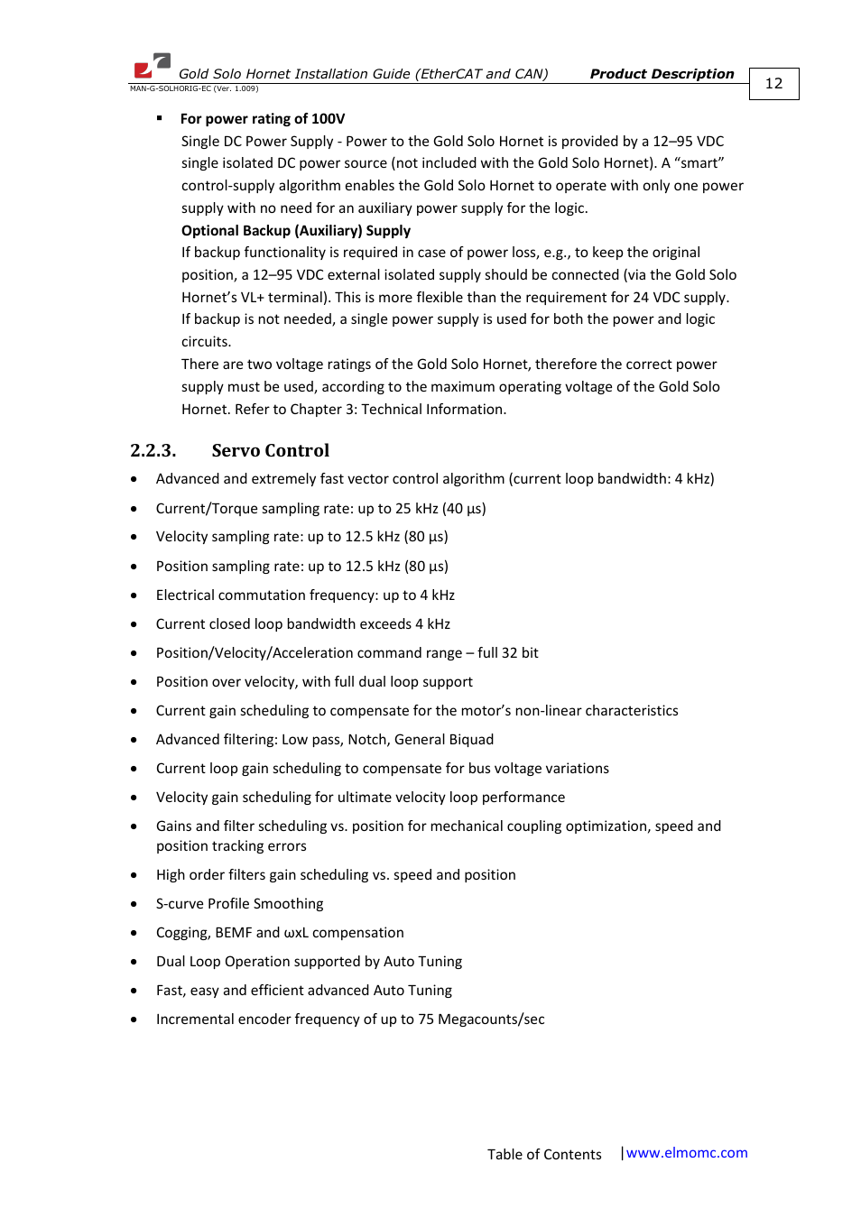 Servo control | ElmoMC ExtrIQ Gold Line Servo Drives-Gold Solo Hornet User Manual | Page 12 / 90