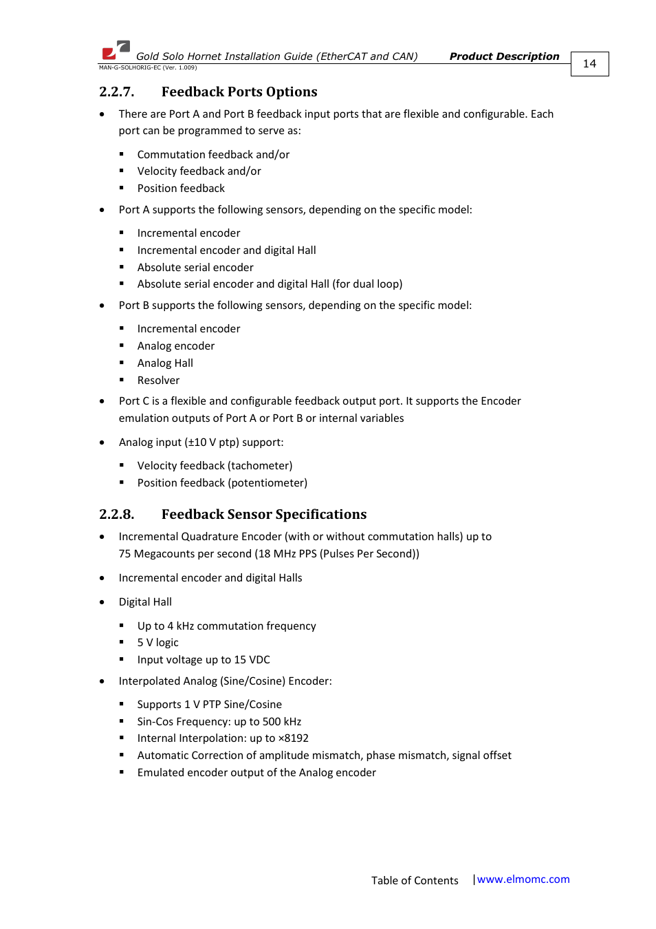 Feedback ports options, Feedback sensor specifications | ElmoMC ExtrIQ Gold Line Servo Drives-Gold Solo Hornet User Manual | Page 14 / 90