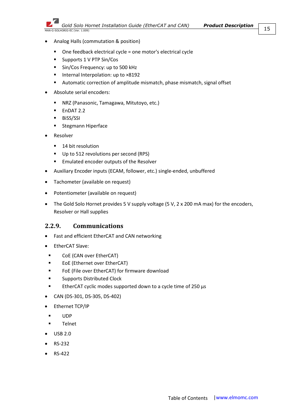 Communications | ElmoMC ExtrIQ Gold Line Servo Drives-Gold Solo Hornet User Manual | Page 15 / 90