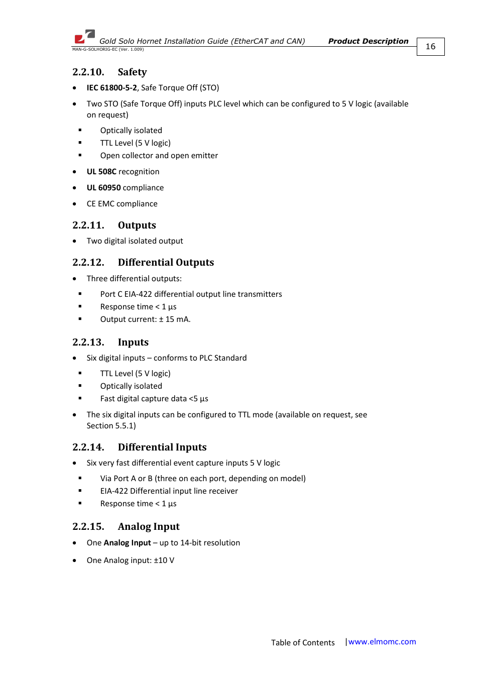 Safety, Outputs, Differential outputs | Inputs, Differential inputs, Analog input | ElmoMC ExtrIQ Gold Line Servo Drives-Gold Solo Hornet User Manual | Page 16 / 90