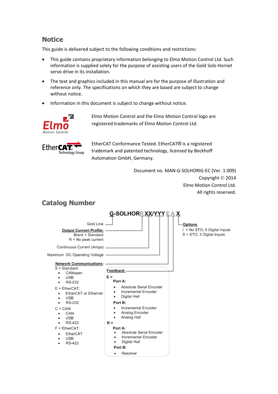 Notice, Catalog number | ElmoMC ExtrIQ Gold Line Servo Drives-Gold Solo Hornet User Manual | Page 2 / 90
