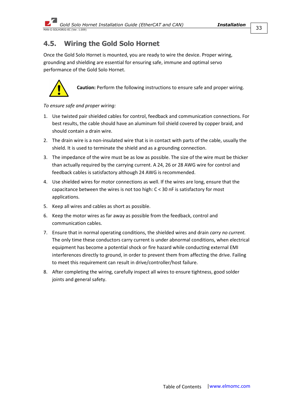 Wiring the gold solo hornet | ElmoMC ExtrIQ Gold Line Servo Drives-Gold Solo Hornet User Manual | Page 33 / 90