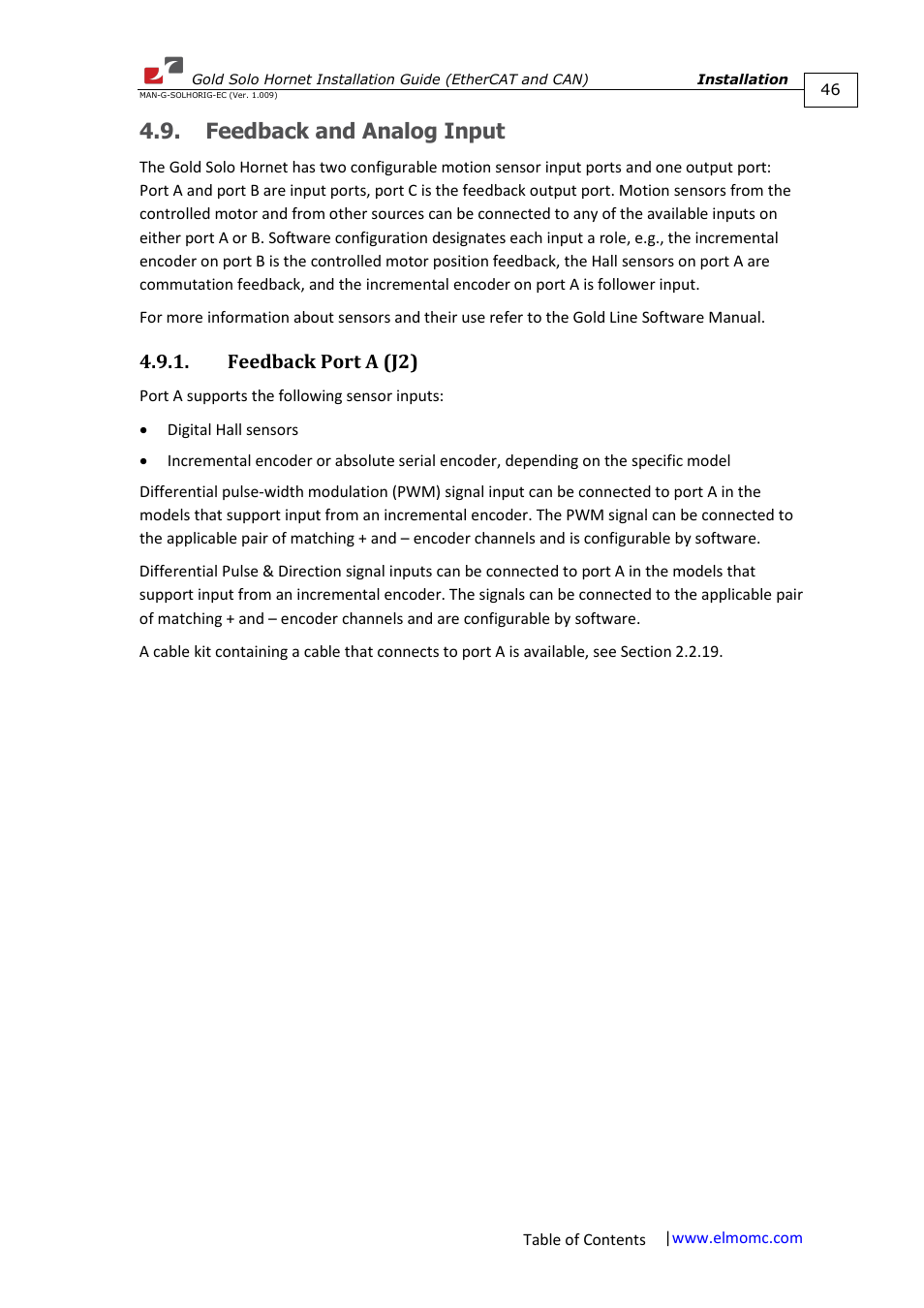 Feedback and analog input, Feedback port a (j2) | ElmoMC ExtrIQ Gold Line Servo Drives-Gold Solo Hornet User Manual | Page 46 / 90