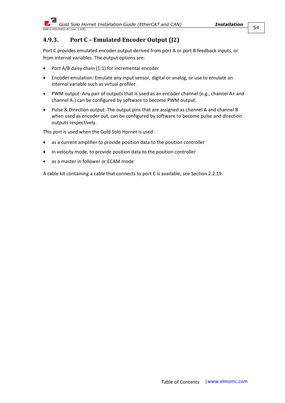 Port c – emulated encoder output (j2) | ElmoMC ExtrIQ Gold Line Servo Drives-Gold Solo Hornet User Manual | Page 54 / 90
