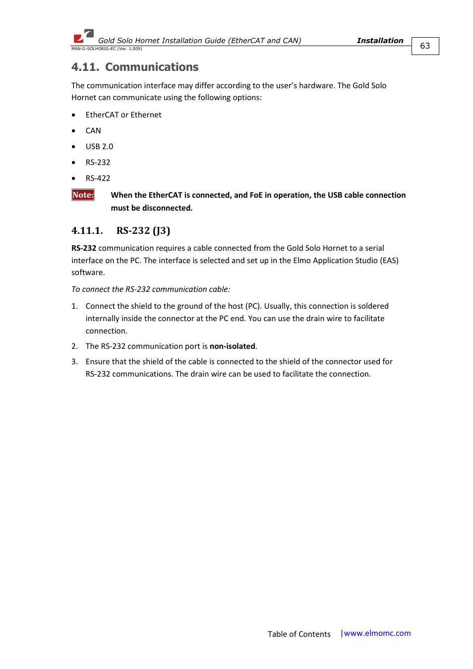 Communications, Rs-232 (j3) | ElmoMC ExtrIQ Gold Line Servo Drives-Gold Solo Hornet User Manual | Page 63 / 90