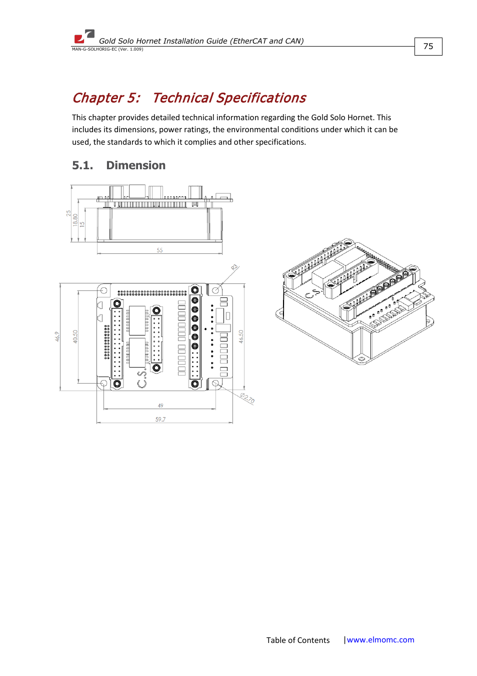 Chapter 5: technical specifications, Dimension, Chapter 5 | Technical specifications | ElmoMC ExtrIQ Gold Line Servo Drives-Gold Solo Hornet User Manual | Page 75 / 90