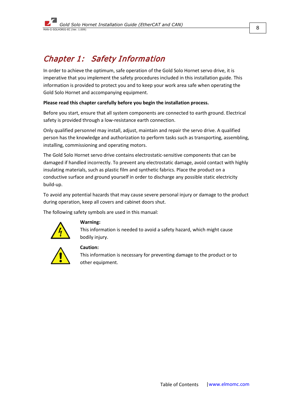 Chapter 1: safety information, Chapter 1, Safety information | ElmoMC ExtrIQ Gold Line Servo Drives-Gold Solo Hornet User Manual | Page 8 / 90
