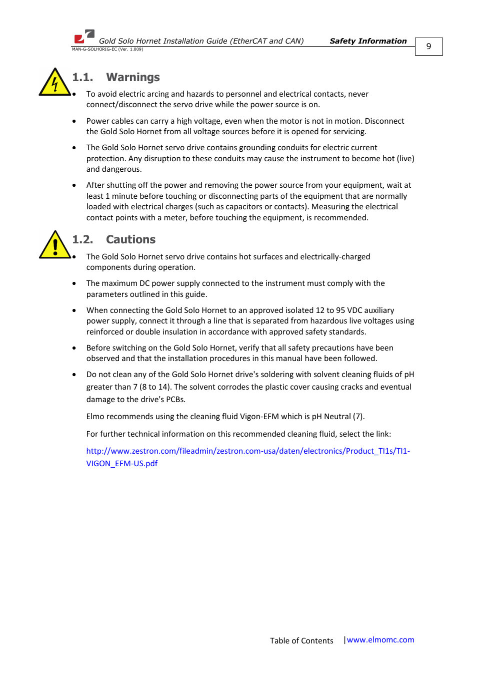 Warnings, Cautions, Warnings 1.2. cautions | ElmoMC ExtrIQ Gold Line Servo Drives-Gold Solo Hornet User Manual | Page 9 / 90