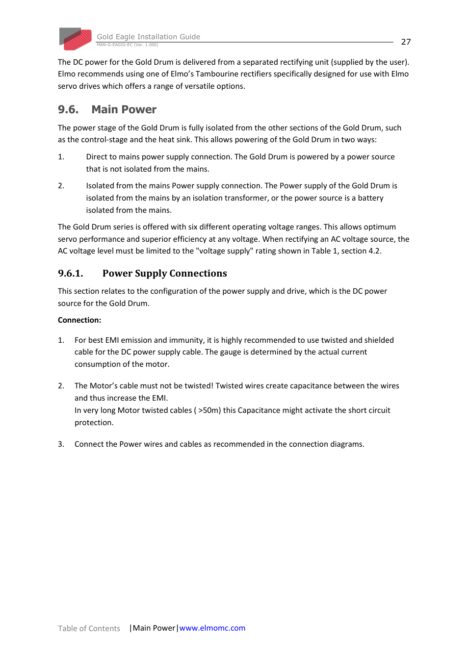 Main power, Power supply connections | ElmoMC ExtrIQ Gold Line Servo Drives-Gold Eagle User Manual | Page 27 / 68