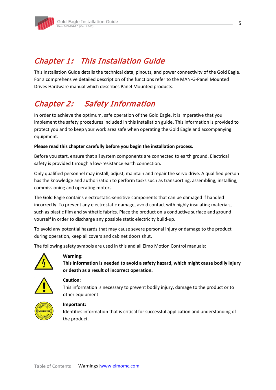 Chapter 1: this installation guide, Chapter 2: safety information, Chapter 1 | This installation guide, Chapter 2, Safety information | ElmoMC ExtrIQ Gold Line Servo Drives-Gold Eagle User Manual | Page 5 / 68