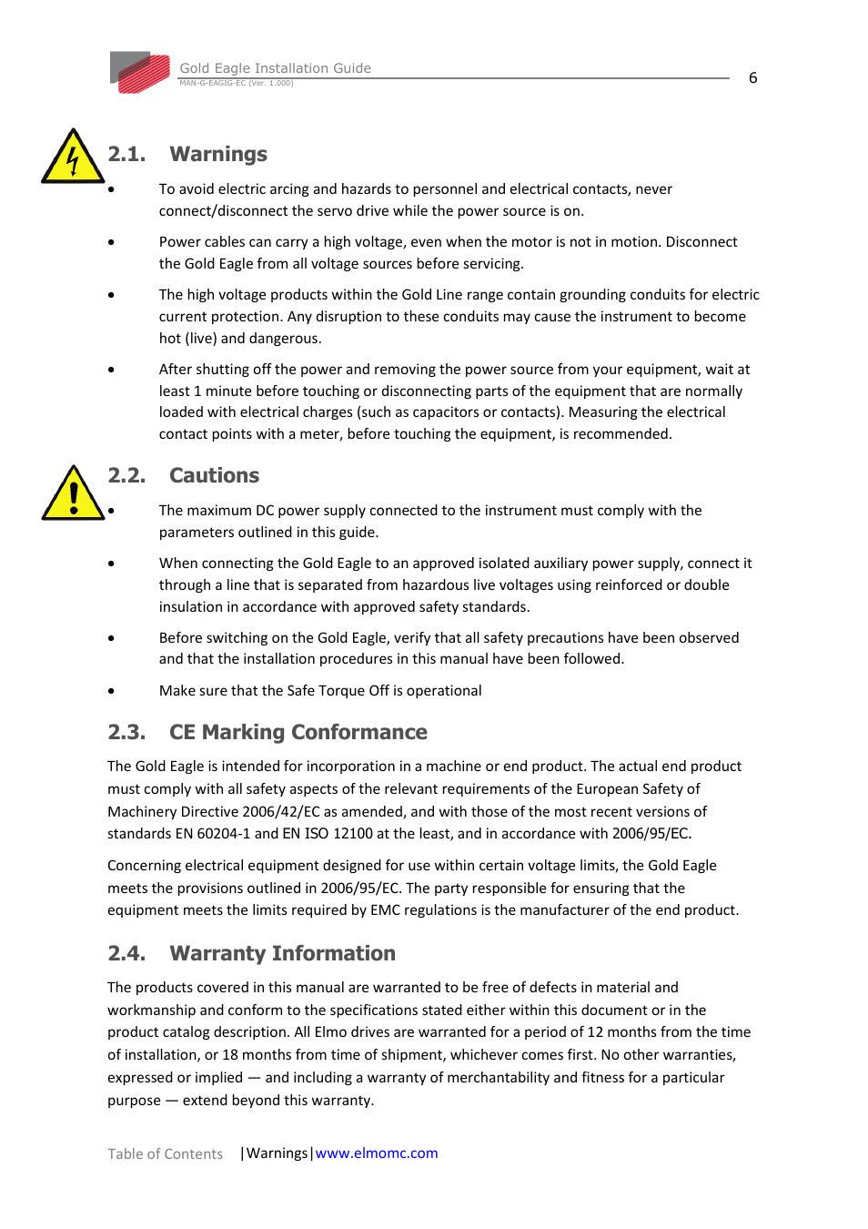 Warnings, Cautions, Ce marking conformance | Warranty information | ElmoMC ExtrIQ Gold Line Servo Drives-Gold Eagle User Manual | Page 6 / 68