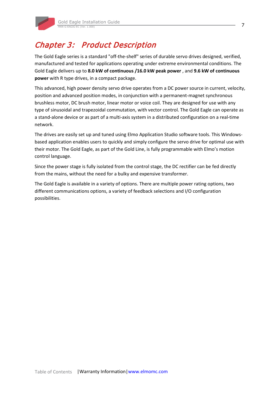Chapter 3: product description, Chapter 3, Product description | ElmoMC ExtrIQ Gold Line Servo Drives-Gold Eagle User Manual | Page 7 / 68