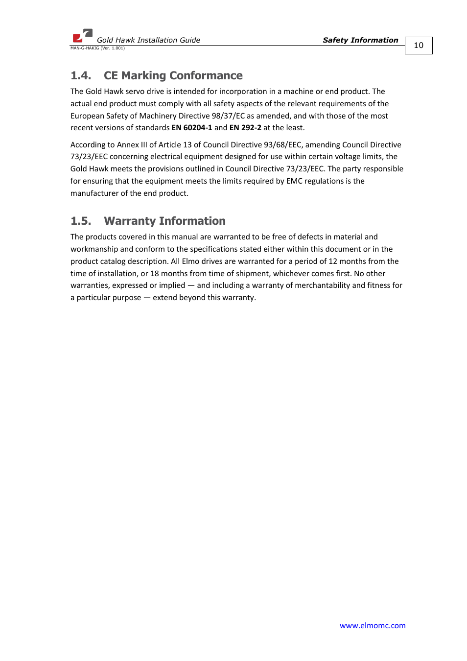 Ce marking conformance, Warranty information, Ce marking conformance 1.5. warranty information | ElmoMC ExtrIQ Gold Line Servo Drives-Gold Hawk User Manual | Page 10 / 90