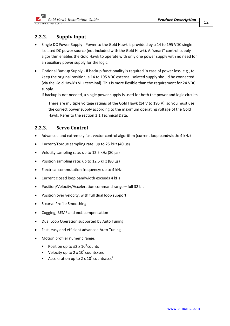 Supply input, Servo control, Supply input 2.2.3. servo control | ElmoMC ExtrIQ Gold Line Servo Drives-Gold Hawk User Manual | Page 12 / 90