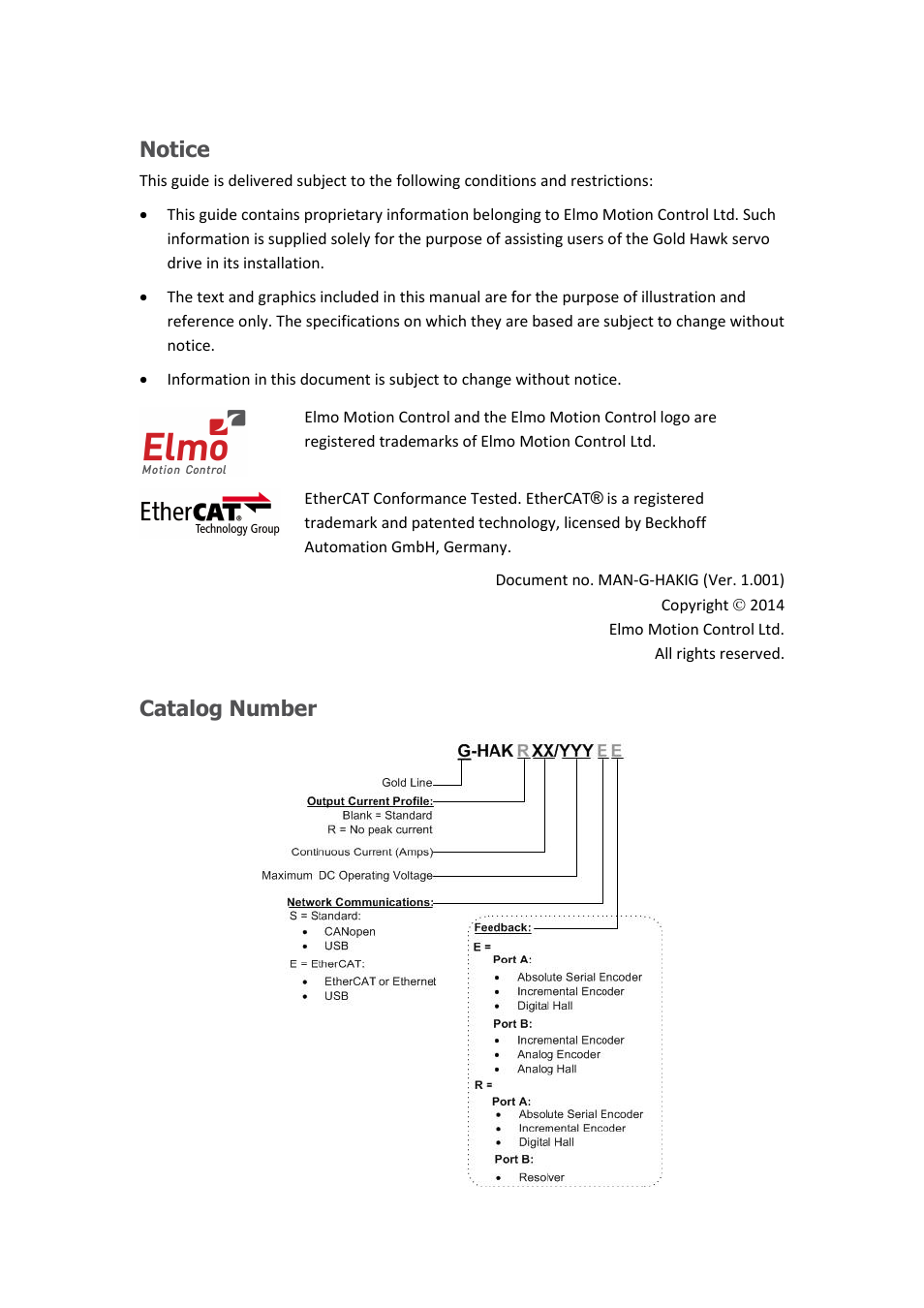 Notice, Catalog number | ElmoMC ExtrIQ Gold Line Servo Drives-Gold Hawk User Manual | Page 2 / 90