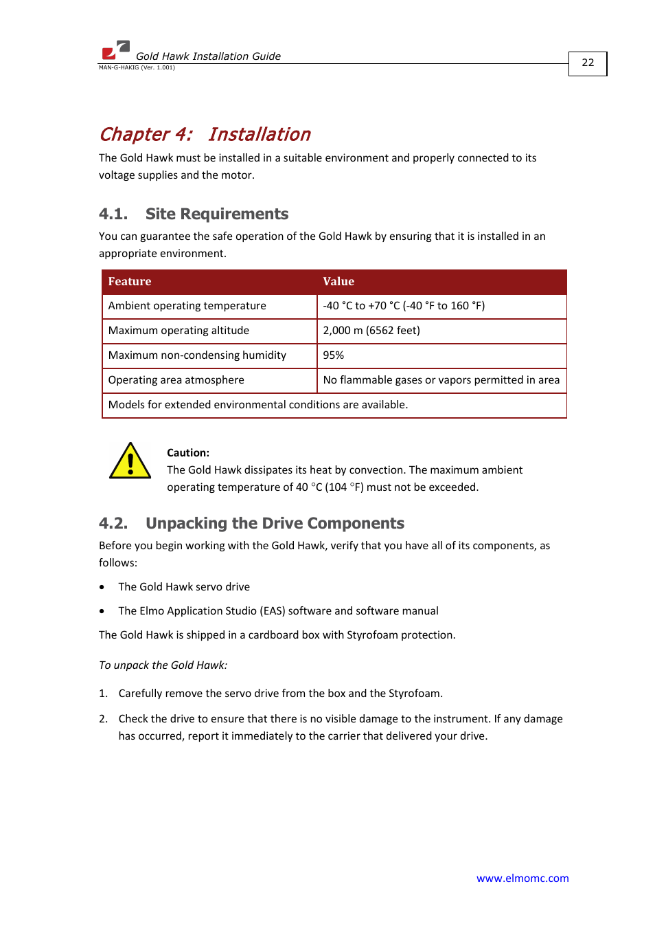 Chapter 4: installation, Site requirements, Unpacking the drive components | Chapter 4, Installation | ElmoMC ExtrIQ Gold Line Servo Drives-Gold Hawk User Manual | Page 22 / 90