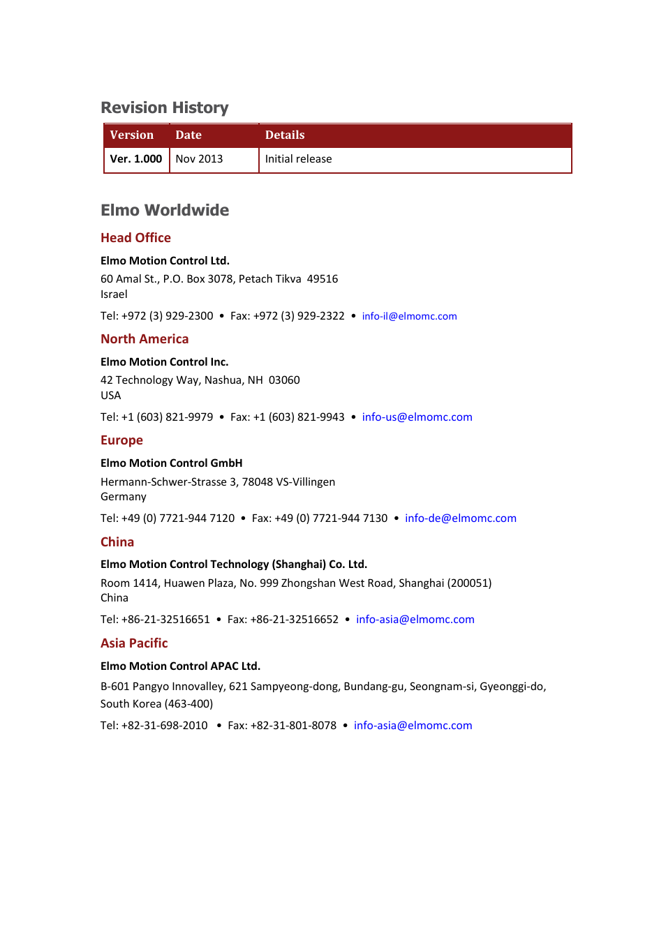 Revision history, Elmo worldwide | ElmoMC ExtrIQ Gold Line Servo Drives-Gold Hawk User Manual | Page 3 / 90