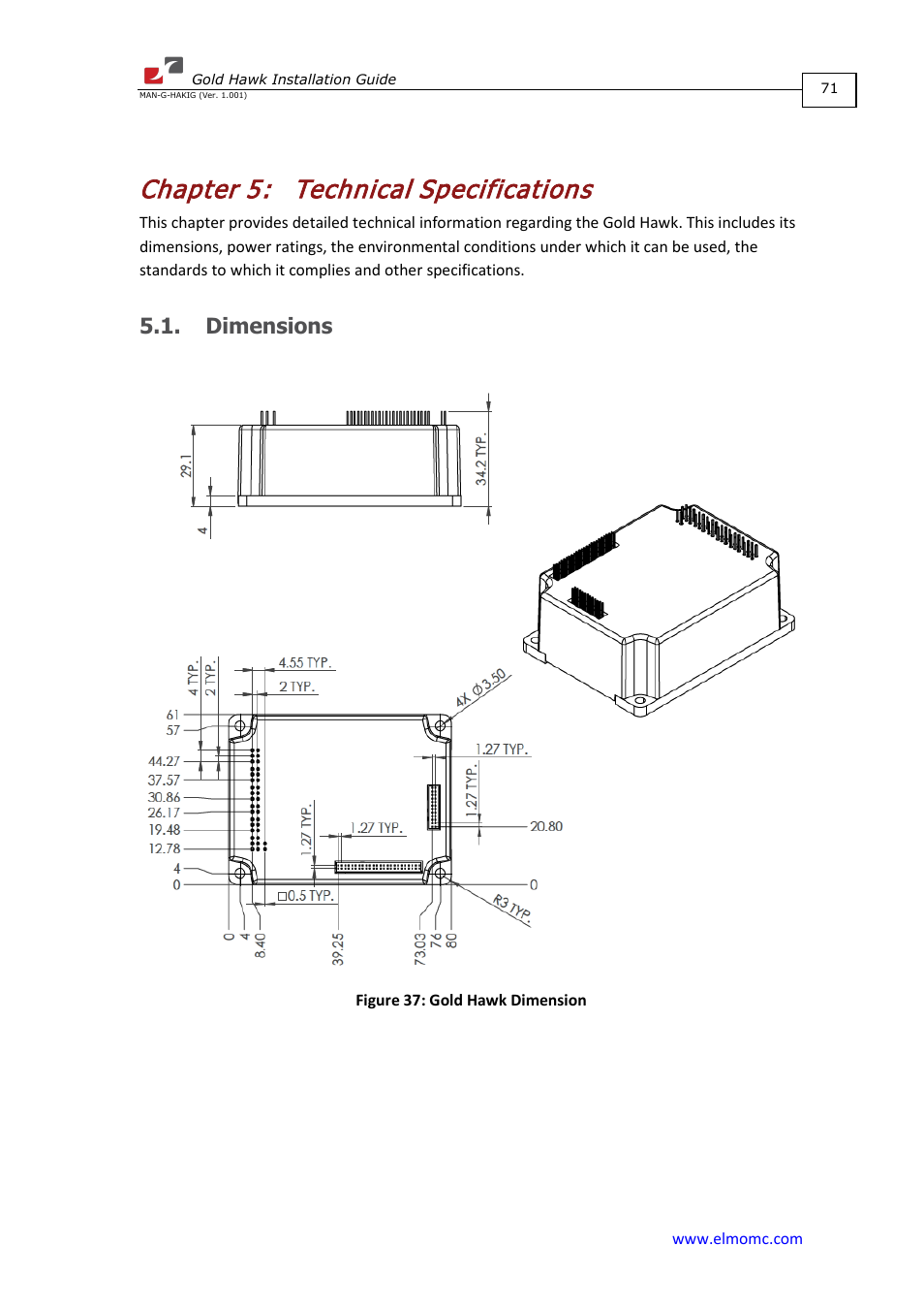Chapter 5: technical specifications, Dimensions, Chapter 5 | Technical specifications | ElmoMC ExtrIQ Gold Line Servo Drives-Gold Hawk User Manual | Page 71 / 90