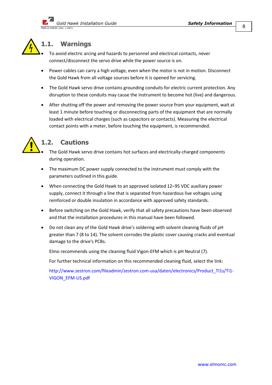 Warnings, Cautions, Warnings 1.2. cautions | ElmoMC ExtrIQ Gold Line Servo Drives-Gold Hawk User Manual | Page 8 / 90
