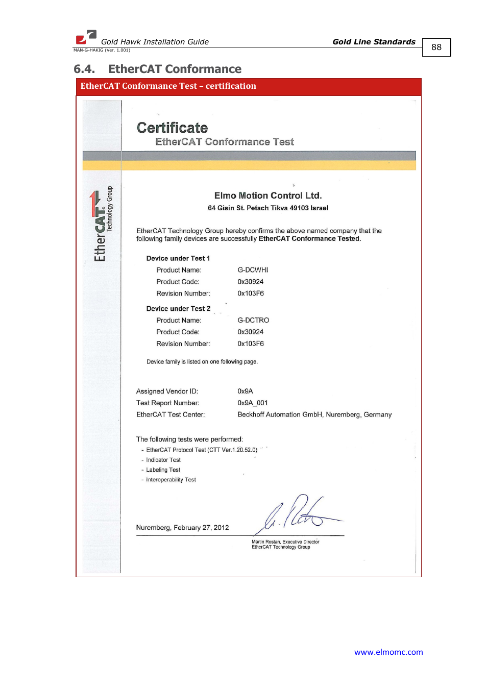 Ethercat conformance | ElmoMC ExtrIQ Gold Line Servo Drives-Gold Hawk User Manual | Page 88 / 90