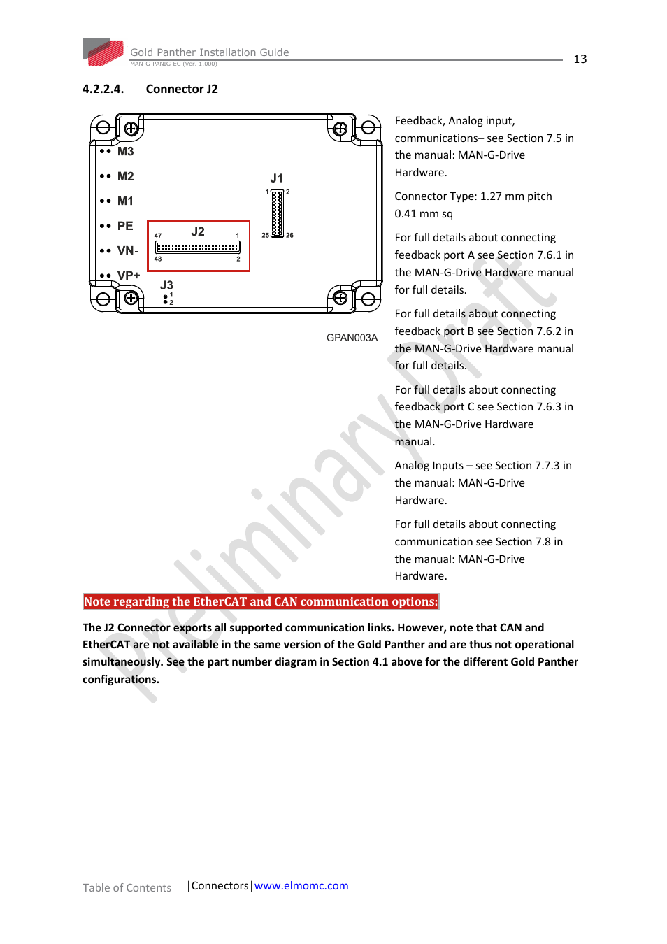 Connector j2 | ElmoMC ExtrIQ Gold Line Servo Drives-Gold Panther User Manual | Page 13 / 64